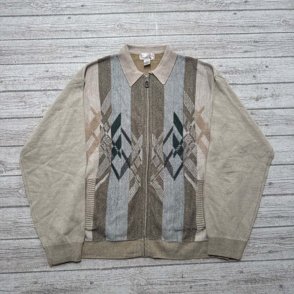 Vintage Arnold Palmer Sweater Men's XL Tan Geometric Knit Wool Zip Up Cardigan
